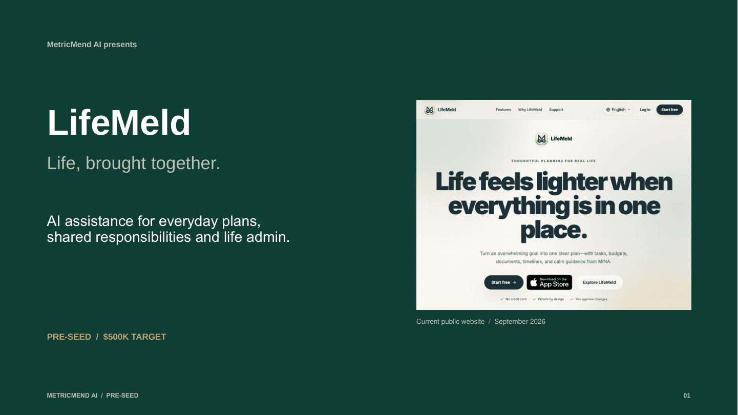 LifeMeld investor deck cover showing the public website