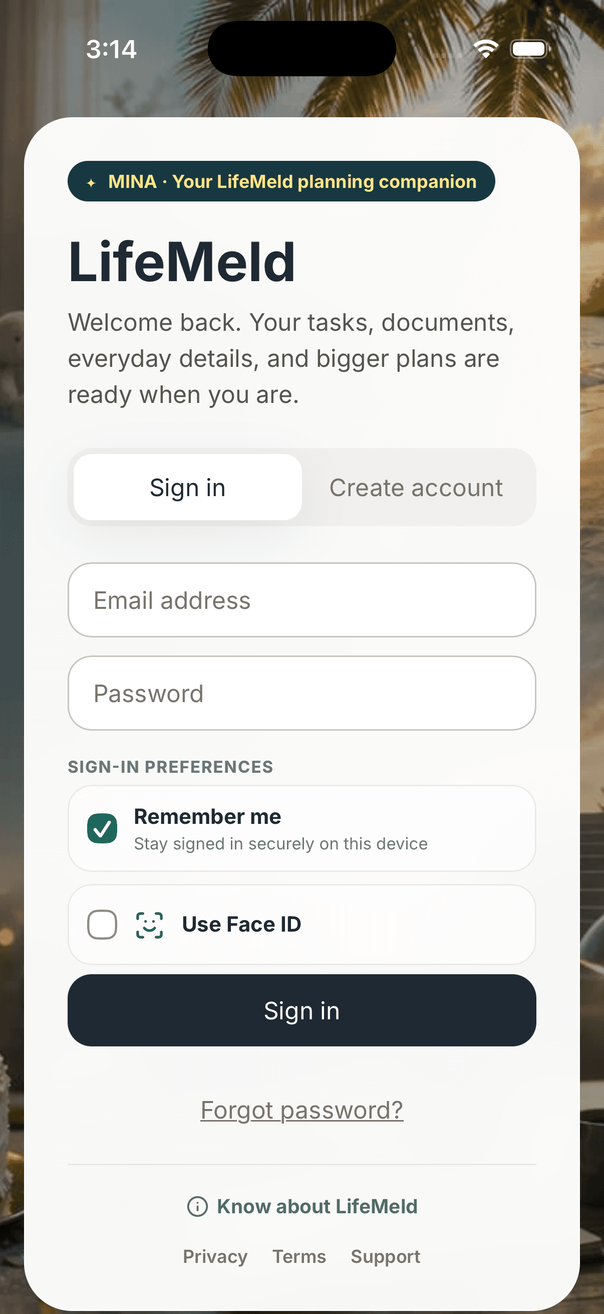 Actual LifeMeld iOS sign-in screen